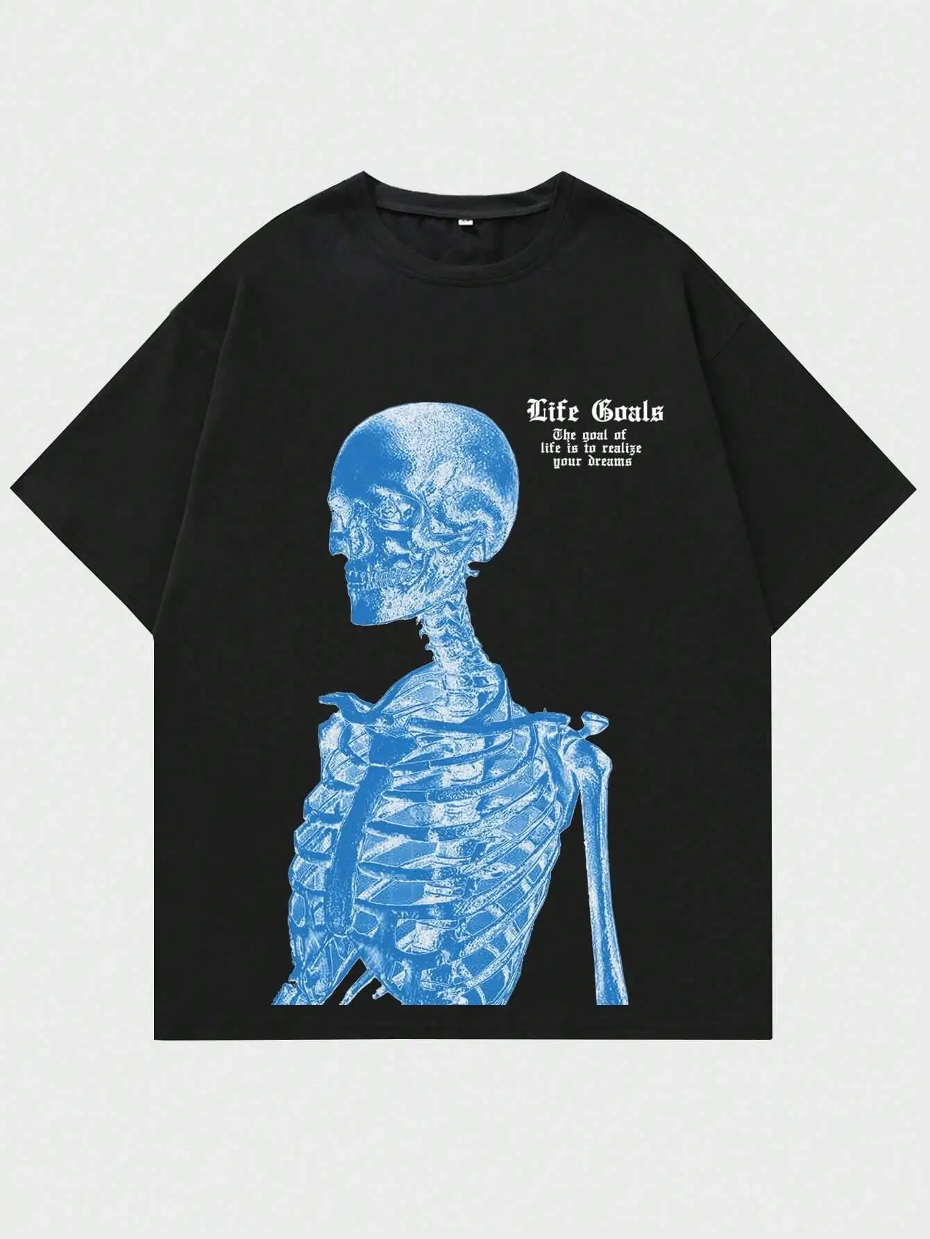 Niebieski szkielet Man Life Goals nadruk w litery damskie t-shirty letnie bawełniane topy z okrągłym dekoltem moda uliczna koszulki luźne miękkie ubrania