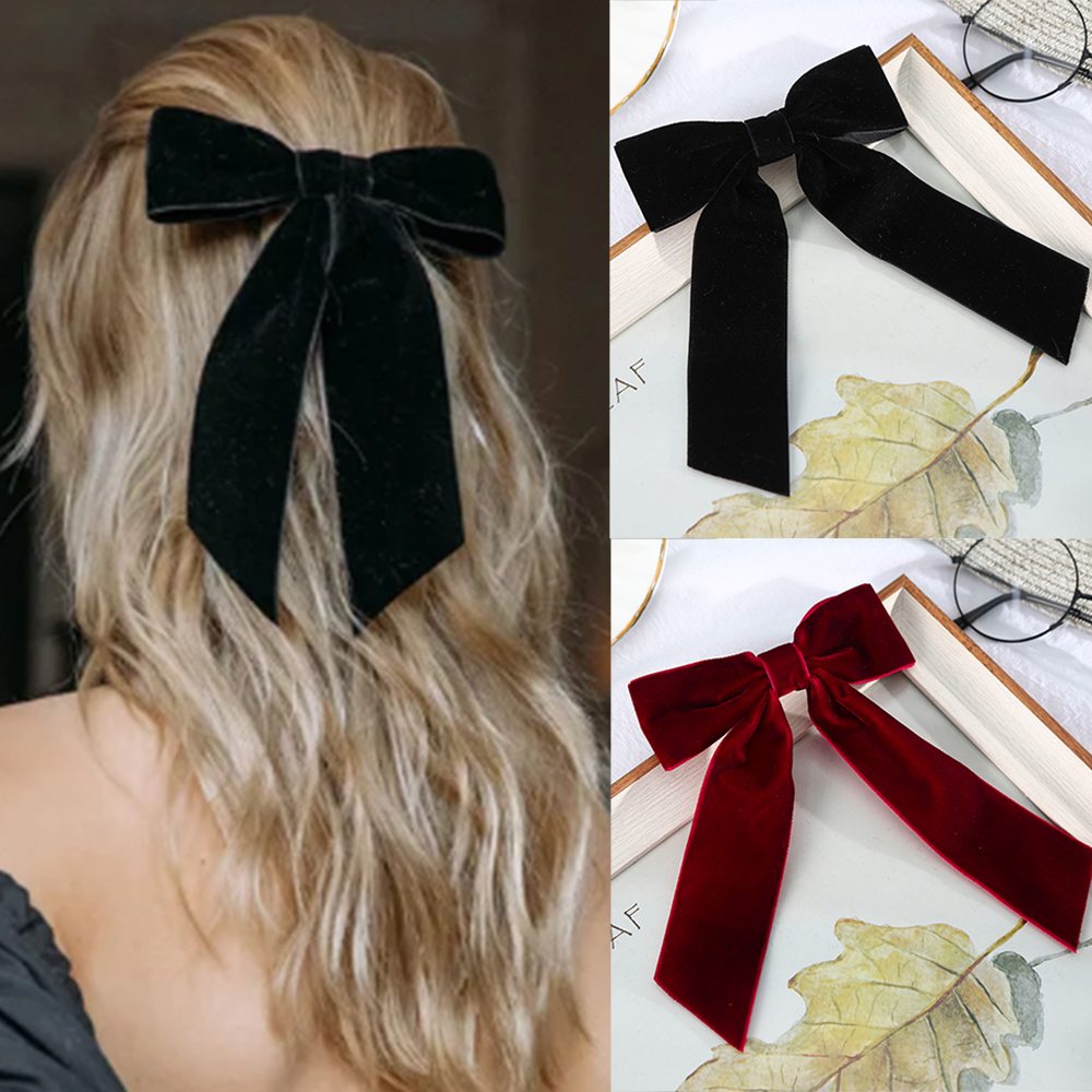 โบว์กํามะหยี่ Barrettes ผู้หญิงผมหางม้า Hairpin ผมคลิปสาวสีดําสีแดงริบบิ้นผมคลิปแฟชั่นอุปกรณ์เสริมผม