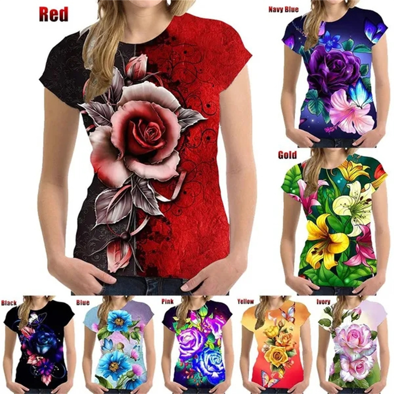 Róże Flower T Shirt Women 3D Floral Blossom Printed T-shirt Harajuku Fashion Streetwear Tee Shirts Odzież damska Krótki rękaw