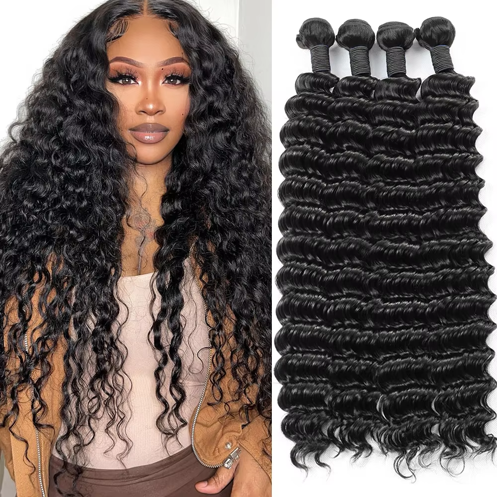 Extensiones de Cabello Brasileño Remy de 38-40 Pulgadas, Ondulado Profundo, Color Natural, Paquetes de Cabello sin Procesar, 1/3/4 Piezas