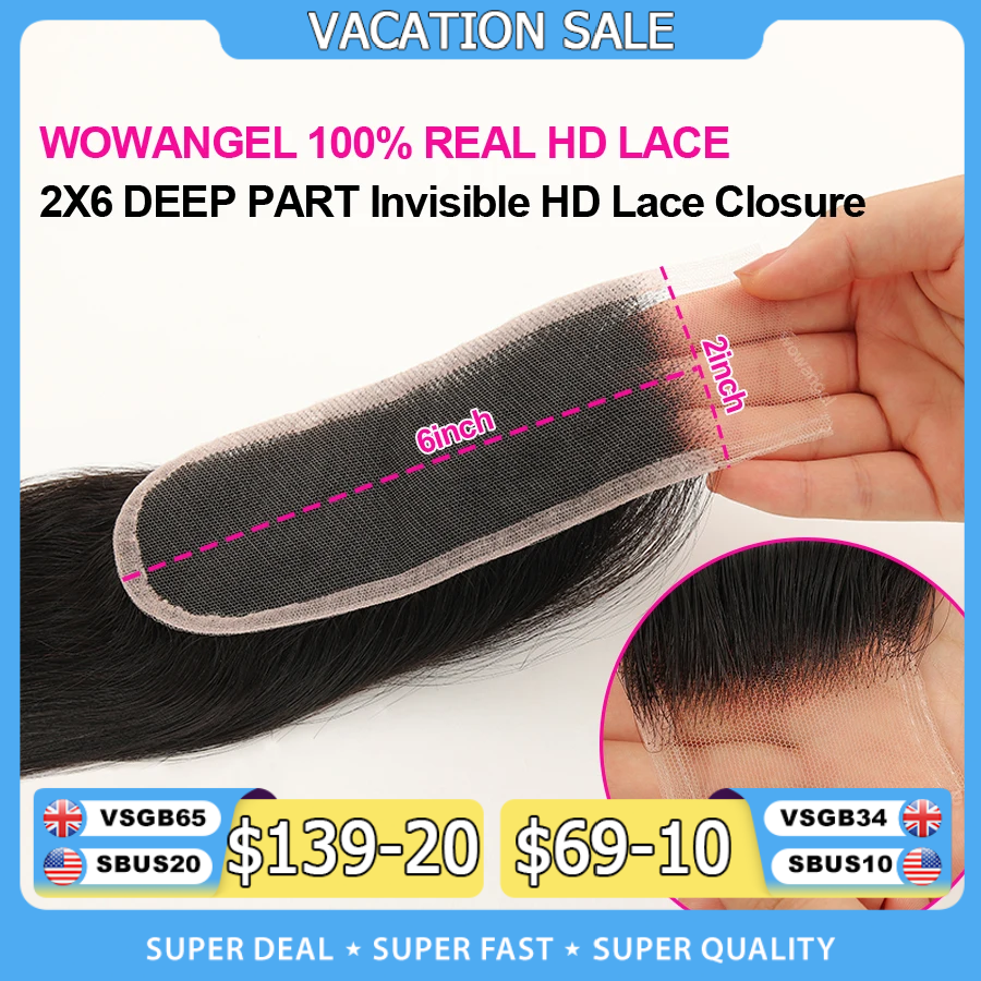 WOWANGEL 2x6 Deep Parting HD Lace Closure Frontal Only Melt Skin Straight Hair Kim K Closure Pre Plucked Virgin Hair For Woman