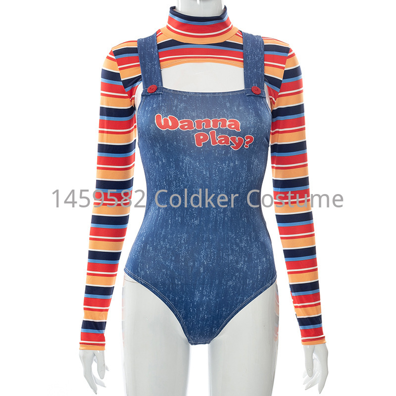 Feminino conjunto de duas peças assustador pesadelo assassino boneca quer jogar filme personagem bodysuit chucky boneca traje cosplay macacão