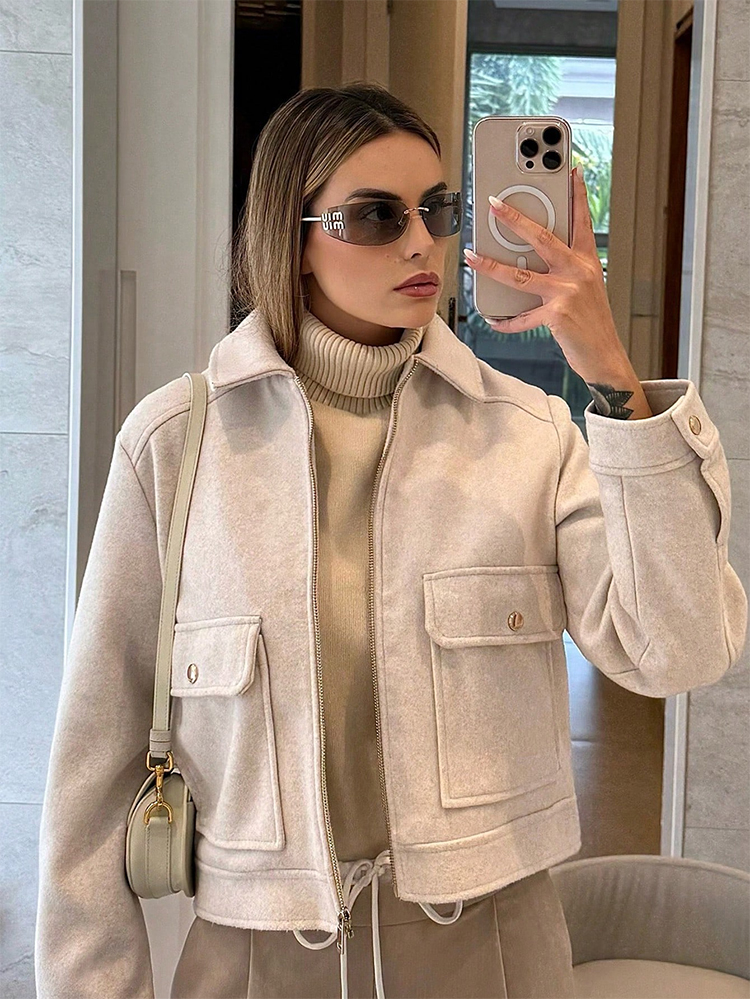 Damska kurtka z zamkiem błyskawicznym SLTNX, nowa zimowa kurtka z długim rękawem, kieszeniami, elegancka krótka kurtka damska w stylu streetwear.