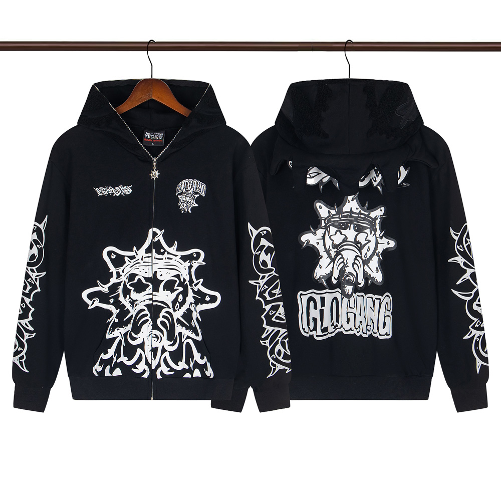 Glo gang eoed glo bordado térmico impressão hoodie das mulheres dos homens de alta qualidade oversized preto zip completo com capuz