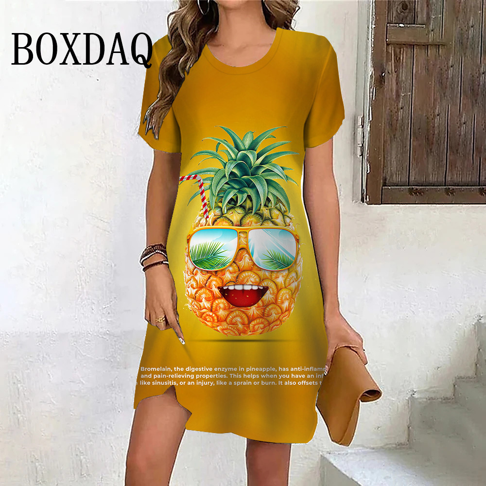 Mini Robe Créative à Manches Courtes pour Femme, Tenue de Plage Imprimée Fruits et Ananas, Style Hip Hop, à la Mode, pour Vacances d'Été