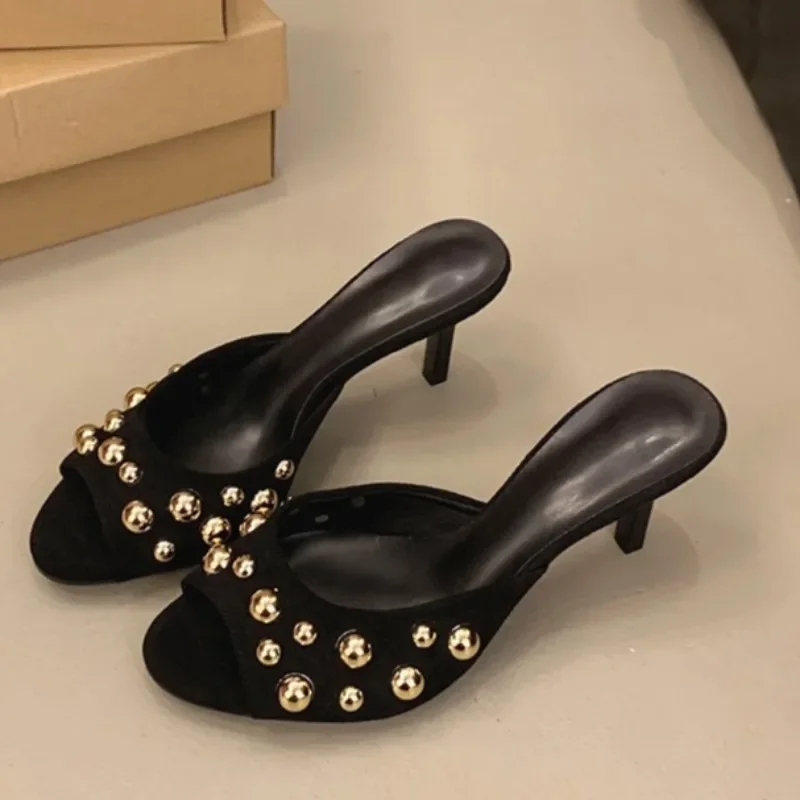 Nouveauté talons fins Peep orteils Sandalias De Mujer cristal bout carré sans lacet femme pantoufles solide en cuir verni Zapatos Mujer 42