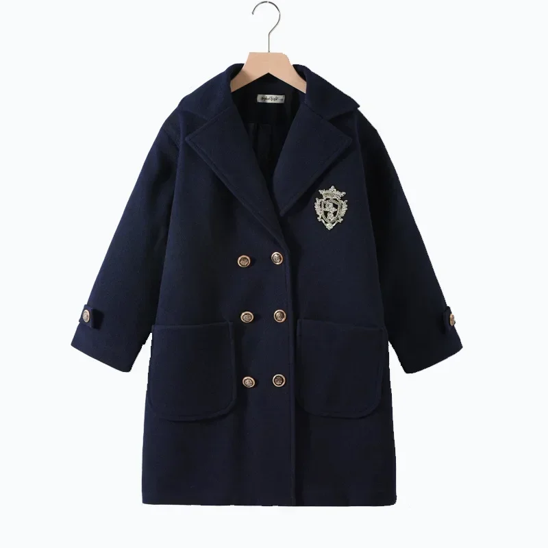 Abrigo de lana de longitud media para niños, chaqueta gruesa Y cálida para adolescentes Y niñas, uniforme escolar, estilo pijo, azul marino, invierno, 12, 13