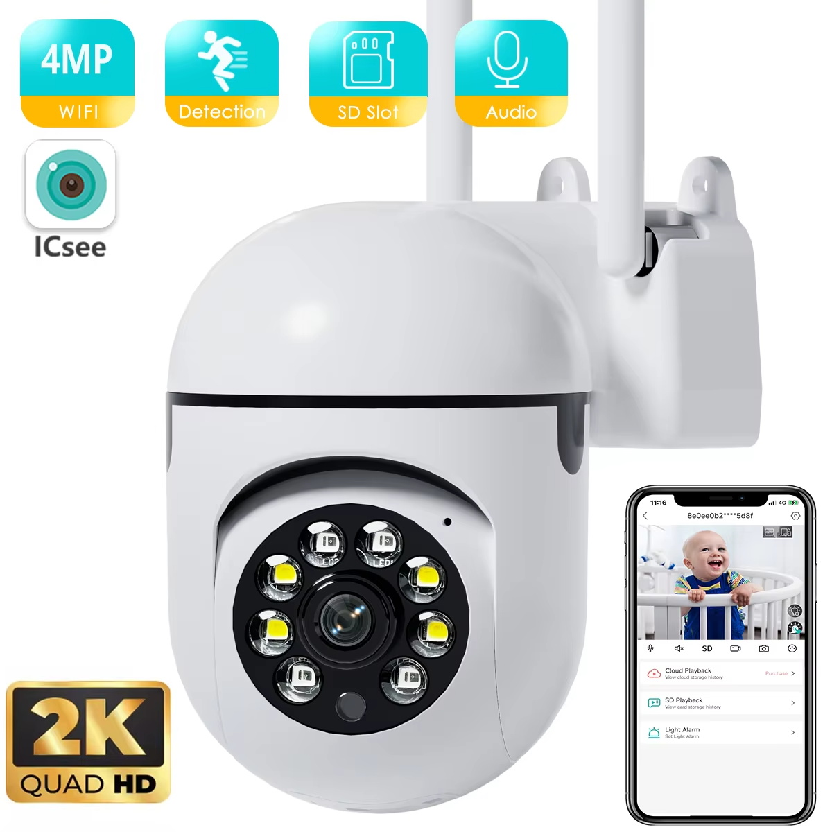 ICsee 4MP 2K Mini Wifi Camera with 4X Digital Zoom Indoor Night Vision IP Surveillance Camera for Home Security Protection