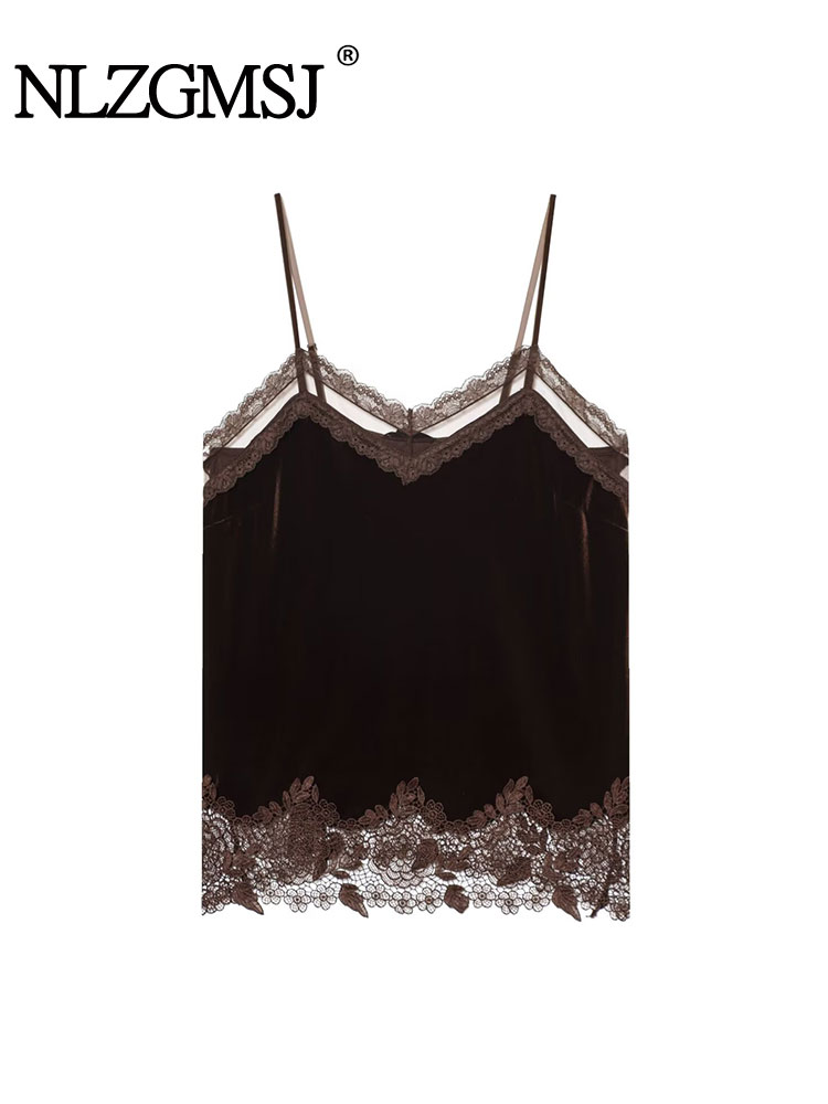 NLZGMSJ 2025 Autumn Lace Velvet Sling Top Women Sexy Sleeveless Backless Vest Tops Lady Party Short Tops ﻿Y2K