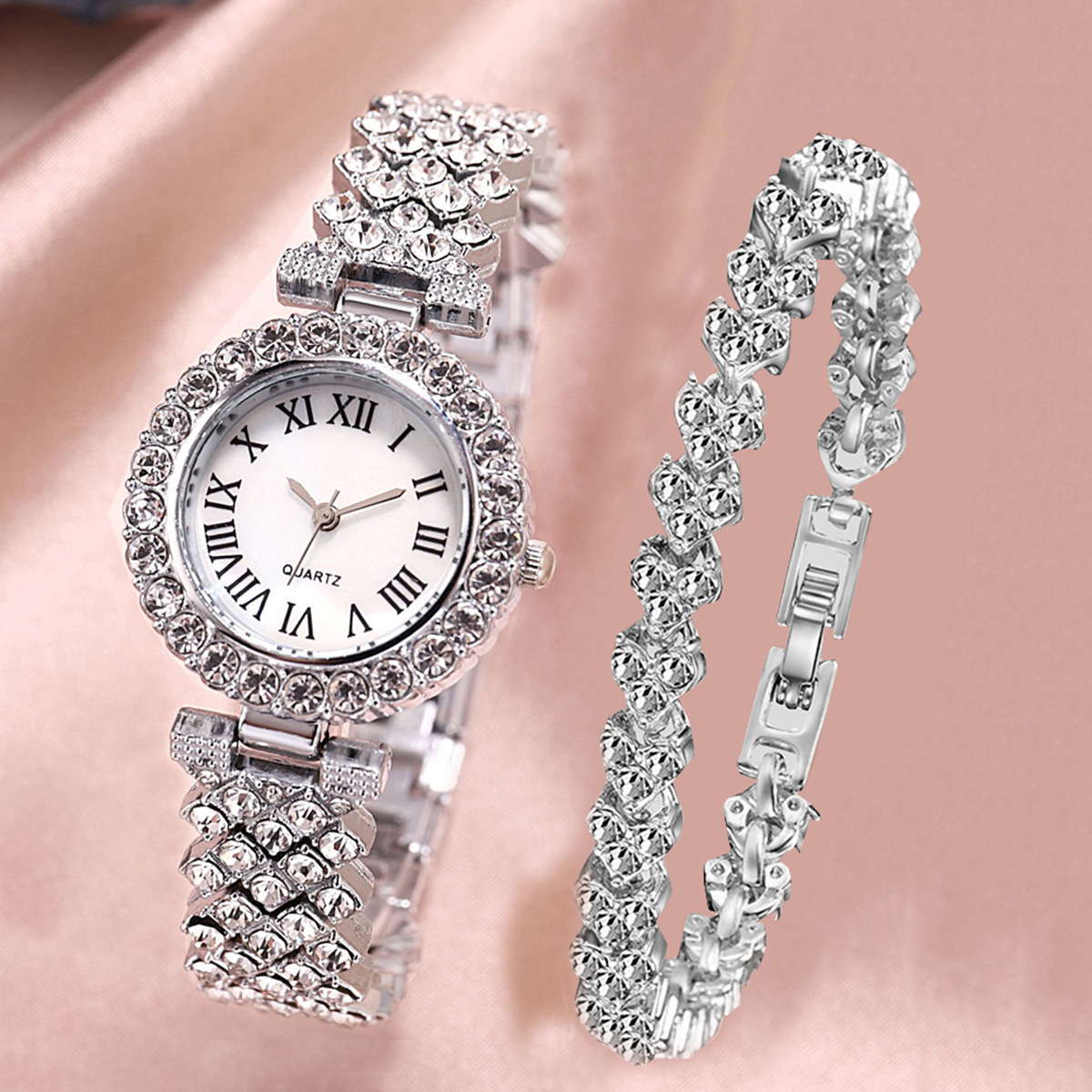 2 pçs de luxo feminino strass rosa ouro relógio moda senhoras quartzo diamante relógio de pulso elegante feminino pulseira relógios conjunto presente