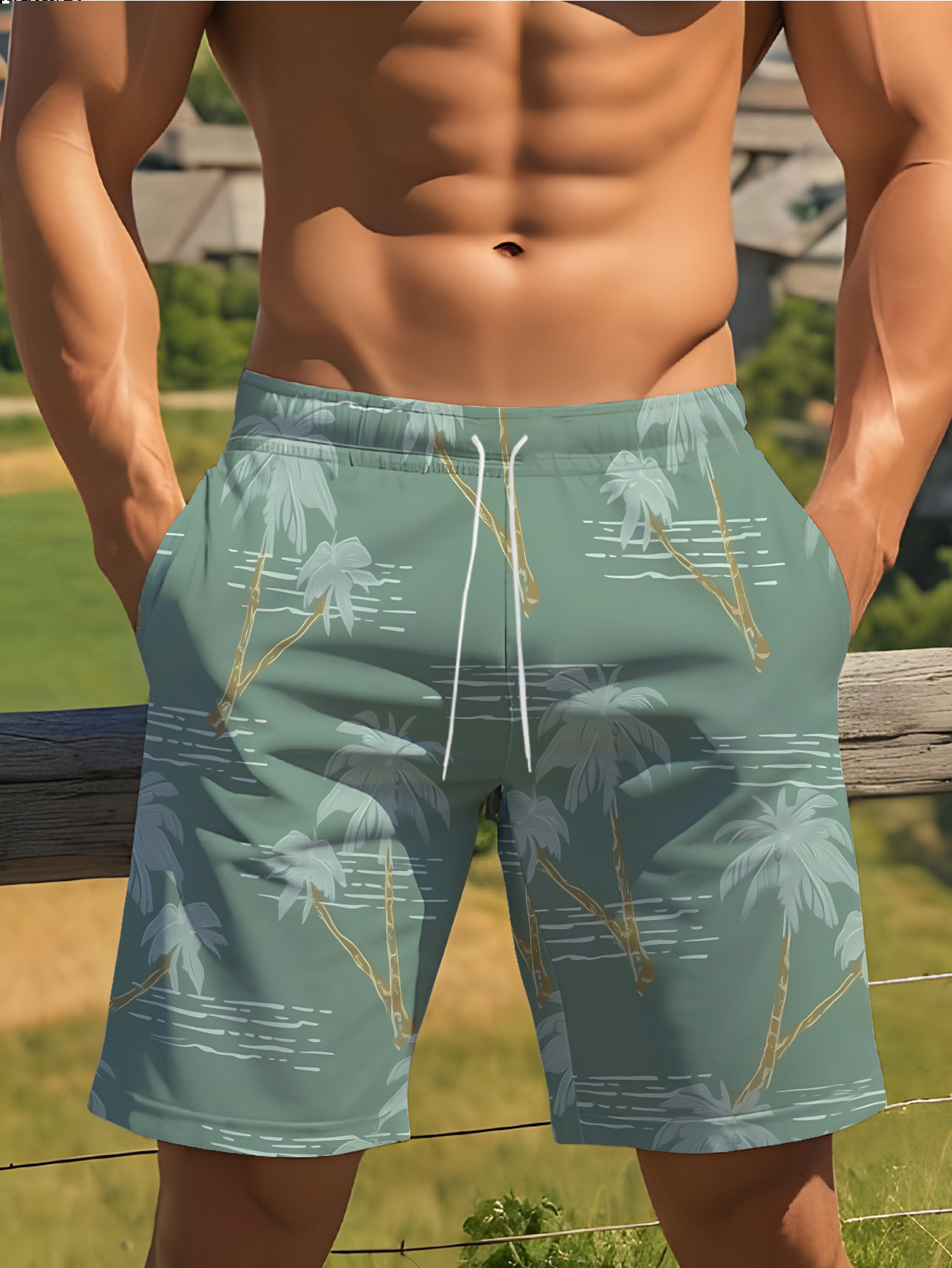 Men's Summer Quick Dry Beach Shorts, Sage Green Tropical Palm Tree Wave Print Drawstring Casual Board Shorts with Pockets