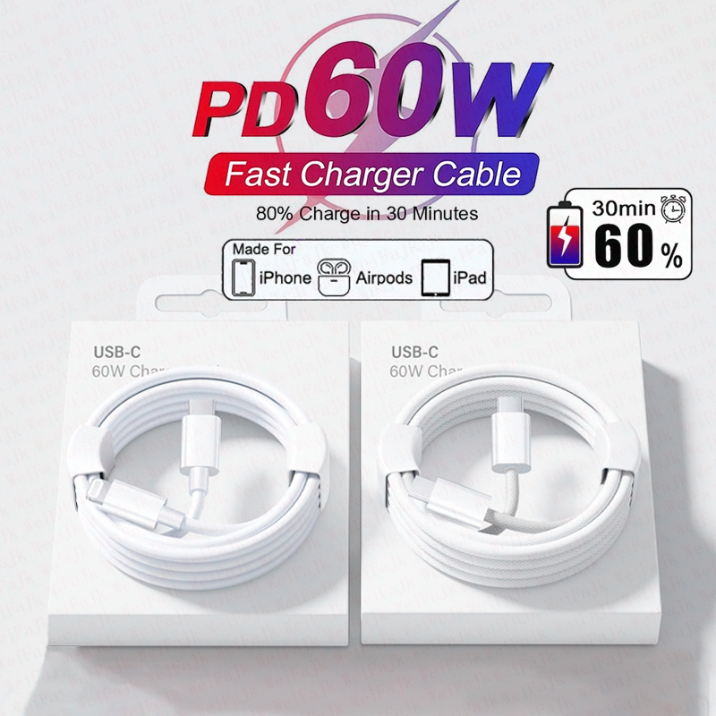 For Apple Original 60W Fast Charging Charger Cable For iPhone 17 16 15 14 13 12 11 Pro Max Type C Lightnings Charge iPhone Cable