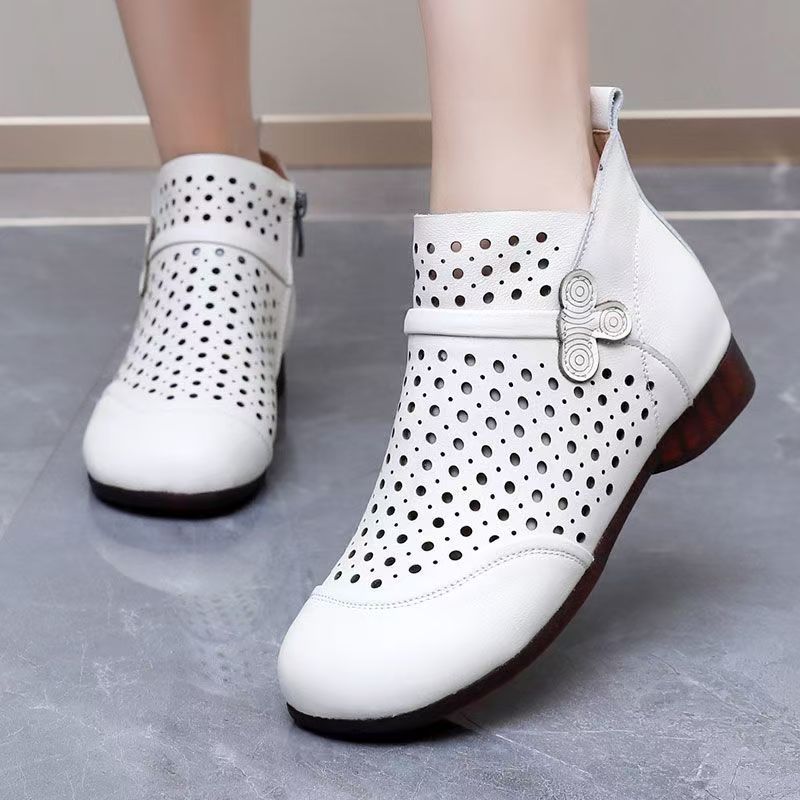 Sepatu bot pergelangan kaki sol datar berongga kulit asli wanita sepatu bot keren retro ukuran besar bersirkulasi udara sol lembut baru musim semi musim panas