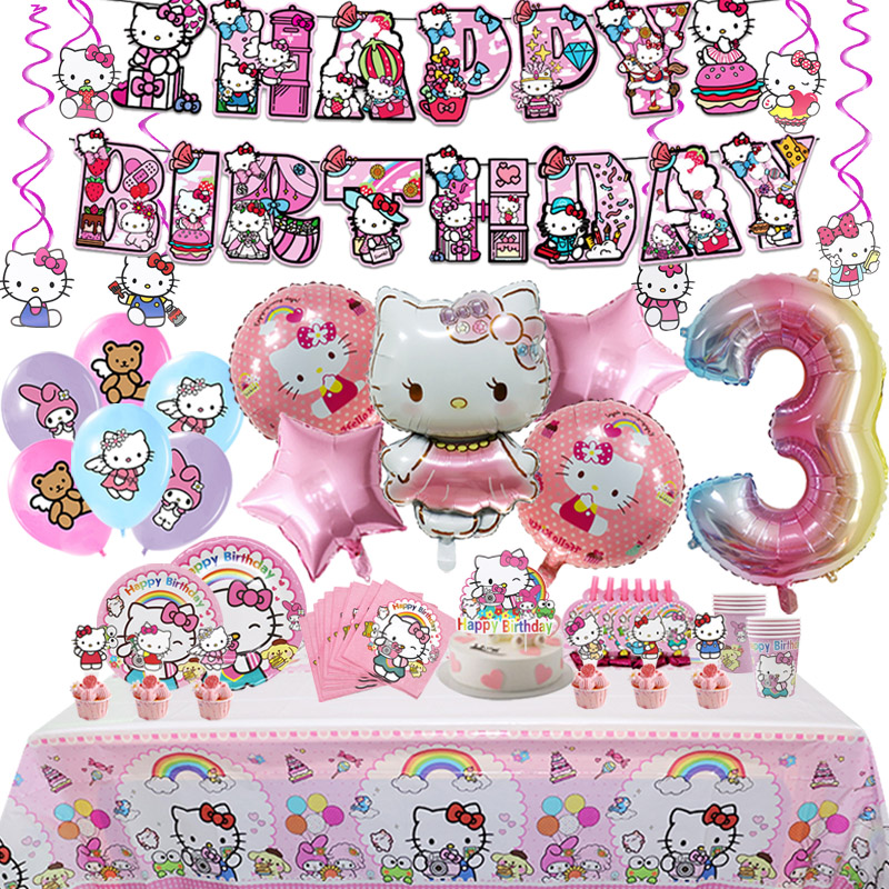 Hello Kitty украшение для дня рождения, воздушный шар из алюминиевой фольги для детей, товары для мероприятий, одноразовая посуда, баннер, фон, подарок