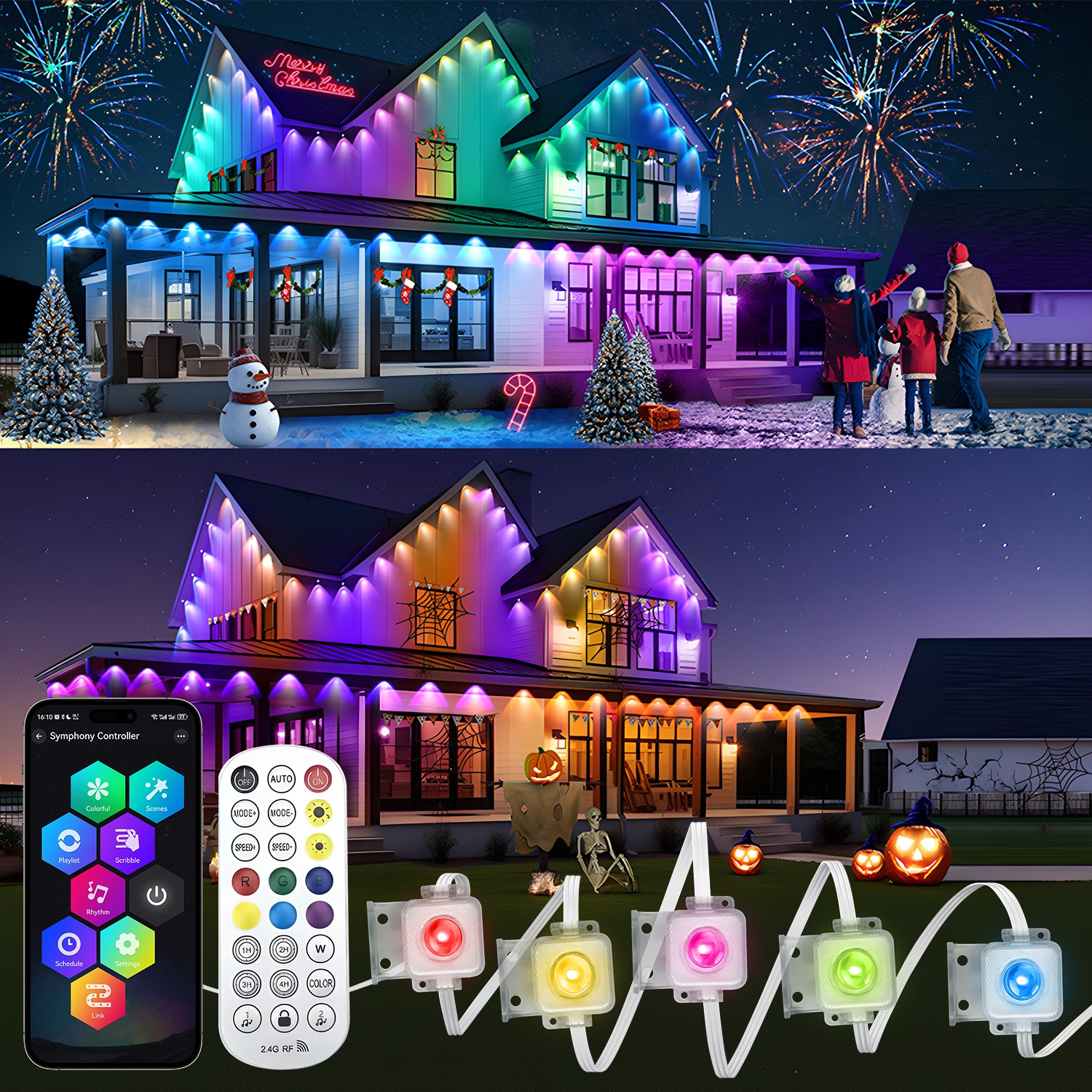 Luces LED permanentes para exteriores, iluminación inteligente RGBIC de aleros con aplicación/Control remoto, parpadeante para casa completa, decoración navideña, 20M
