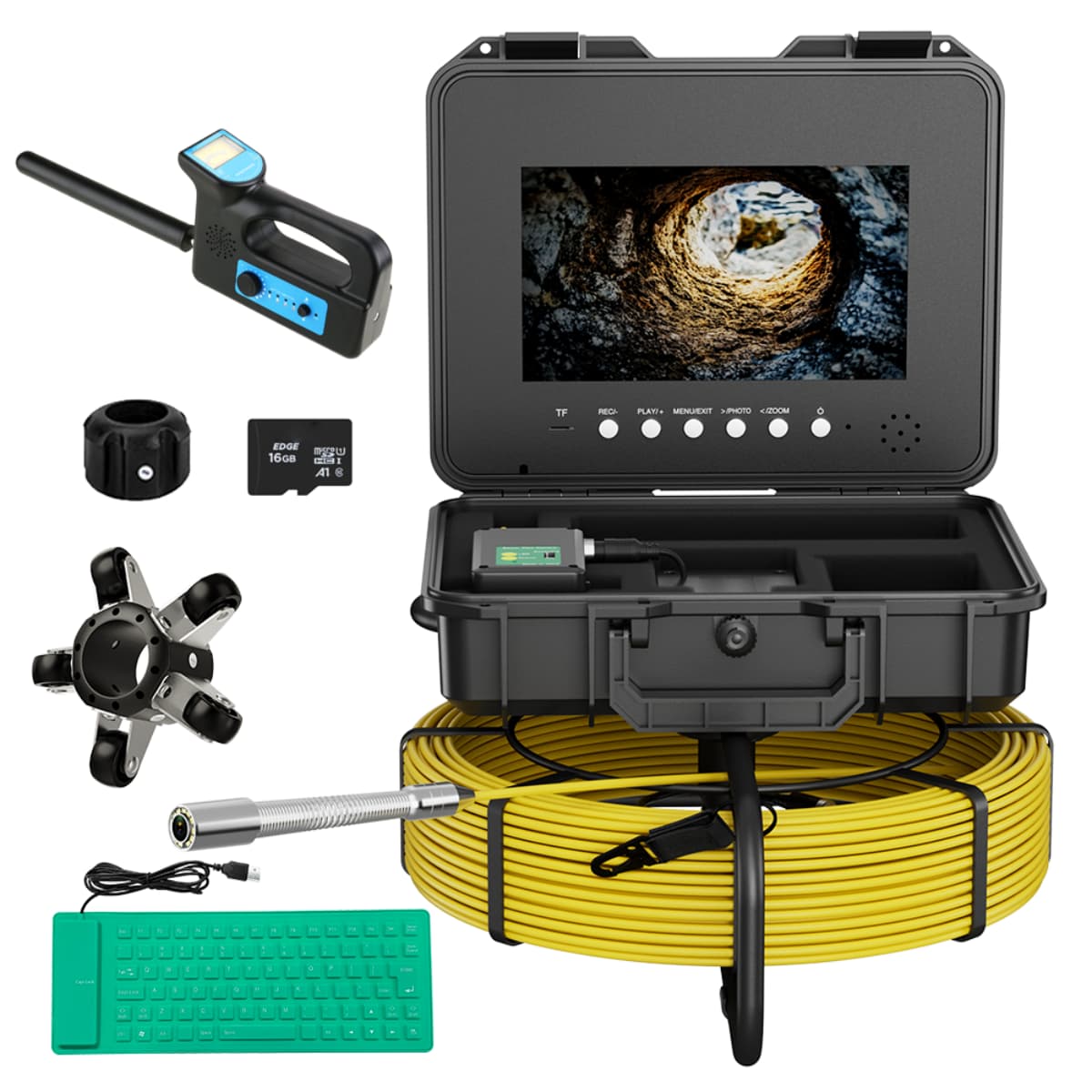 Sewer Pipe Inspection Camera With Locator Meter Counter 10" IPS DVR 7MM Fiberglass Cable AHD 1080P Borescope Self-Leveling 512HZ