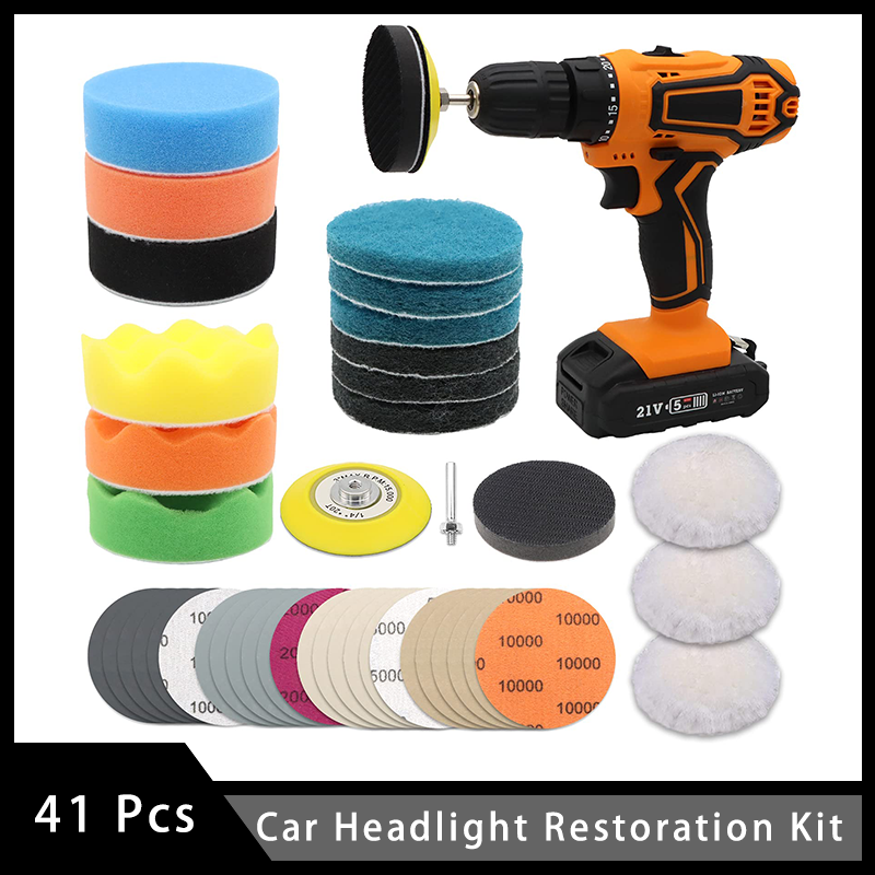 Kit de restauración de faros de coche, discos de lijado de pulido de coche de 3 pulgadas con mango de 1/4 pulgadas, estropajo de respaldo para limpieza, 41 Uds.