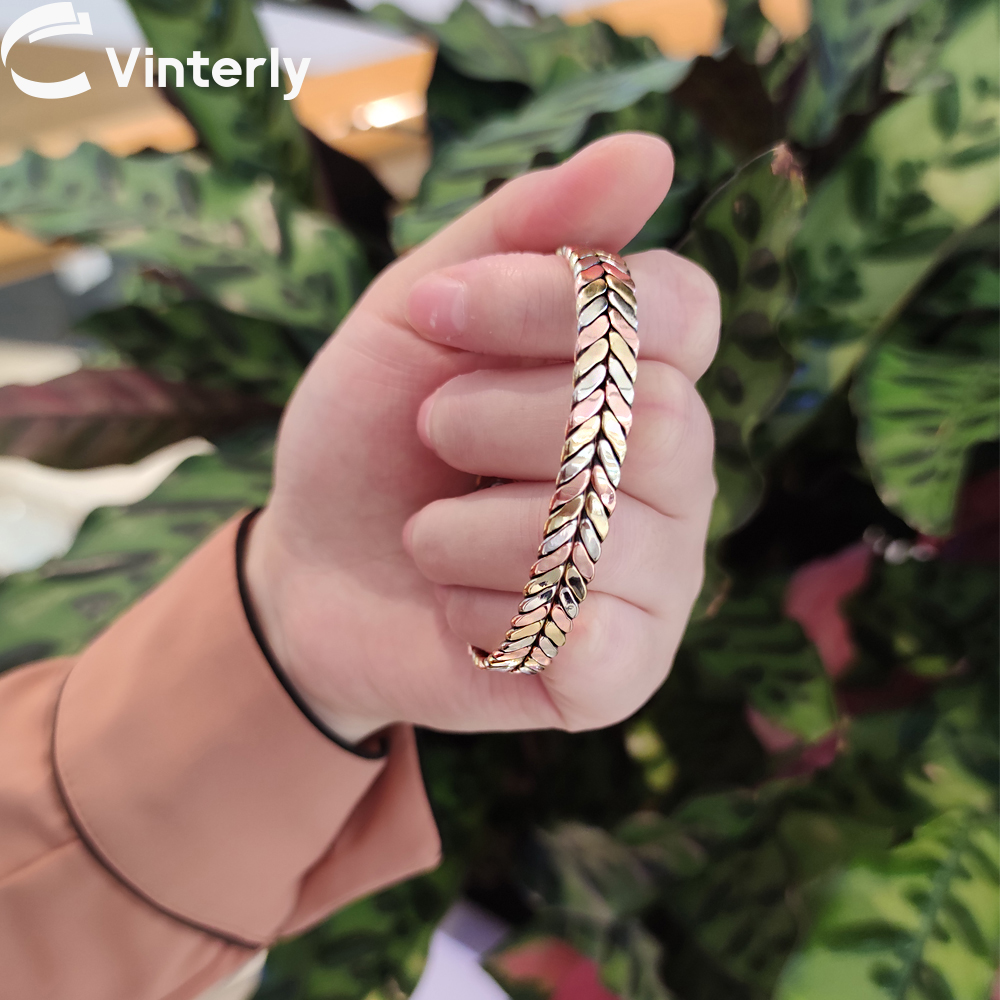 Pulseras de cobre puro Vinterly para mujer, brazaletes abiertos ajustables de 9mm con rosa retorcida, joyería con imán de energía saludable para mujer, redimensionable