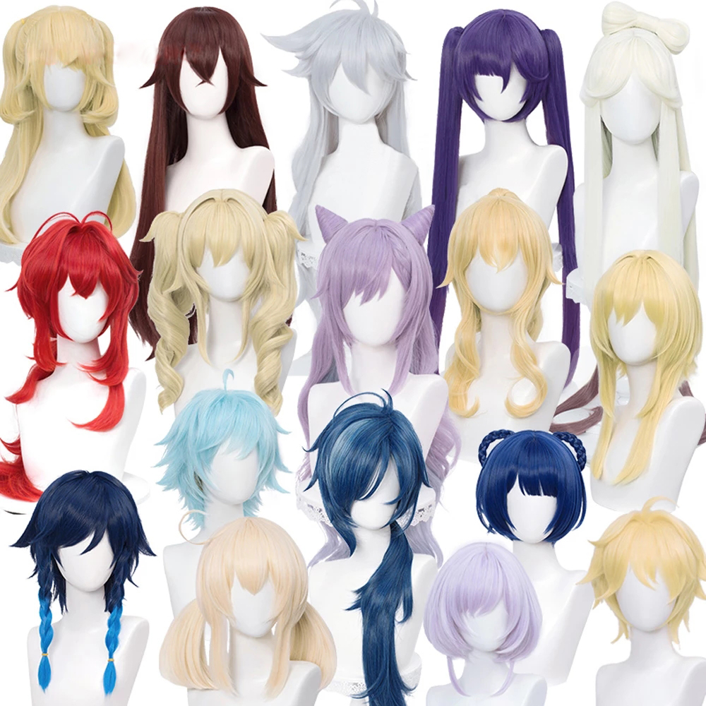 Perruques de cheveux synthétiques Genshin Impact Cosplay, bonnet de perruque, Venti, Keqing, Barbara, Fischl, Kaeya, Lumine, AWindsor, degré de chaleur, haute qualité