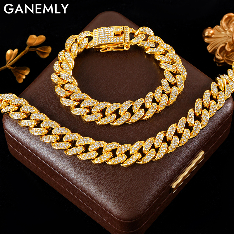 GANEMLY épais chaîne cubaine strass collier Bracelet ensemble pour femmes hommes nouveau à la mode Punk 18K plaqué or étanche ensemble de bijoux