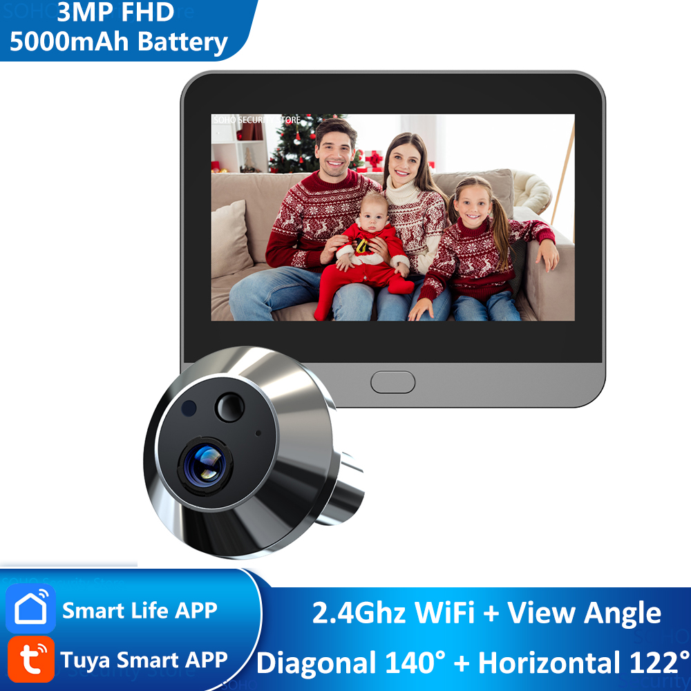 Tuya Smart 3MP 140° широкоугольный цифровой глазок Eye Viewer WiFi IR PIR Detection No Red Exposure Door Camera Alexa Google