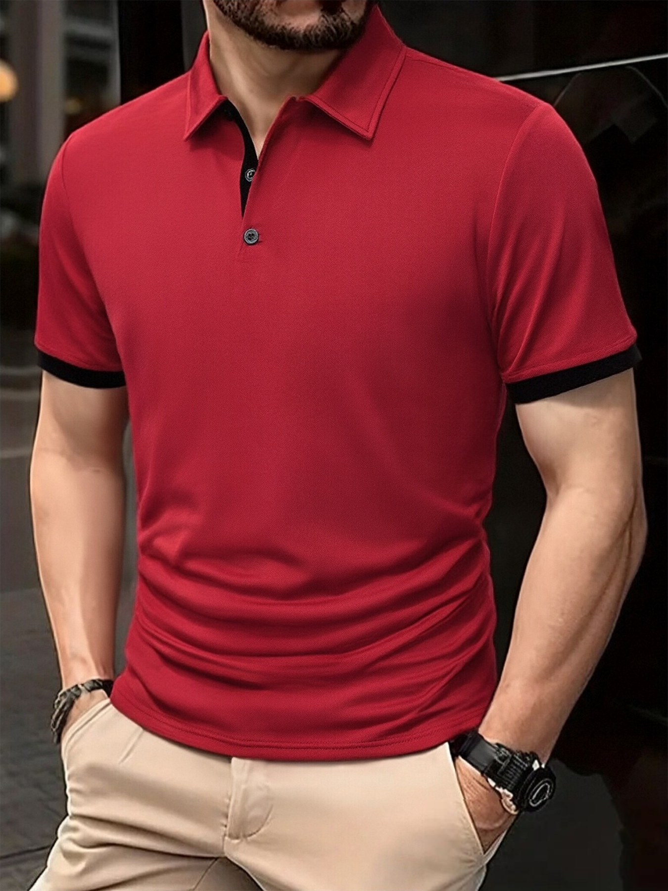 Camisa Polo Masculina Casual de Negócios com Manga Curta, Nova, com Combinação de Cores, Elegante, Respirável, Confortável e Versátil