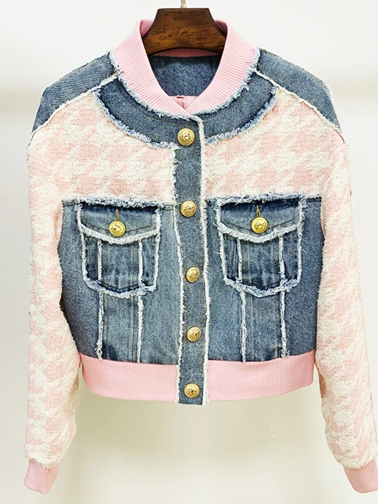 Nuovissima Giacca da Donna 2026 di Design con Bottoni a Forma di Leone, Patchwork in Tweed Pied-de-Poule e Denim, con Frange e Nappe