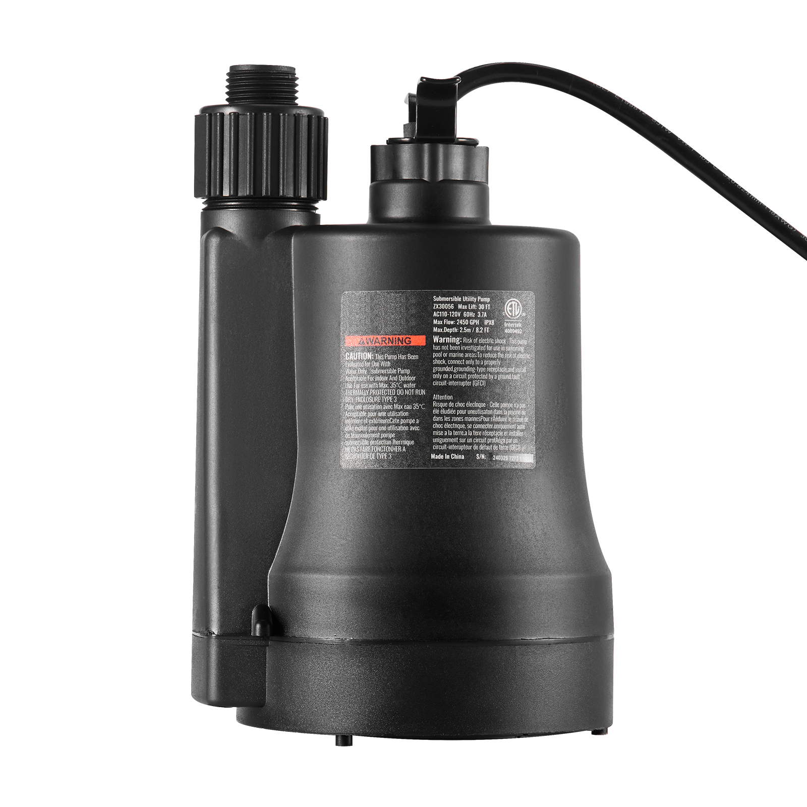 Pompa zbiornikowa SucceBuy 1/3HP 2450GPH o wysokim przepływie, głębokość podnoszenia 30 stóp, pompa zanurzeniowa do wody, 10 stóp długiego przewodu zasilającego do odprowadzania wody