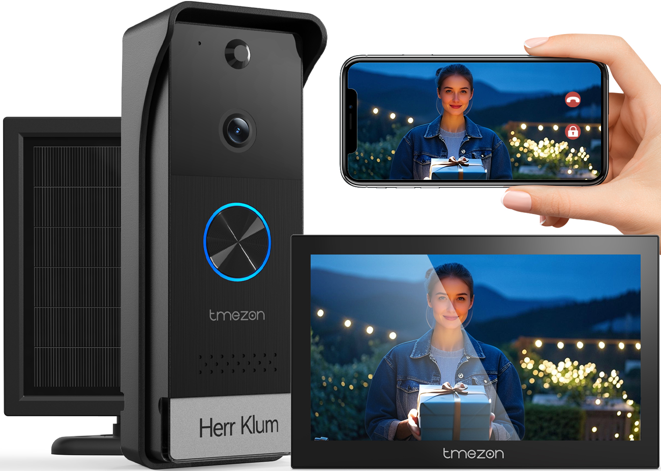 TMEZON Draadloze, op zonne-energie werkende, echte draadloze videodeurtelefoon 7-inch touchscreen-monitor met 1080P deurbelondersteuning Monitor voor op afstand ontgrendelen Tuya