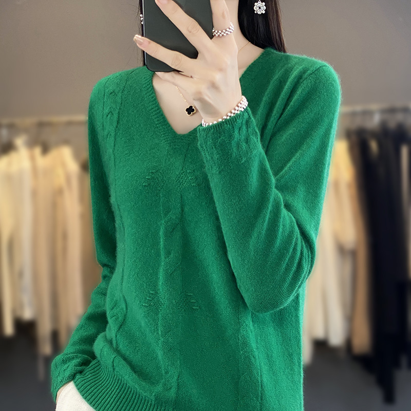 Autunno inverno nuovo maglione di pura lana donna scollo a v ritorto Jacquard Pullover Casual lavorato a maglia base Top Cashmere maglieria femminile