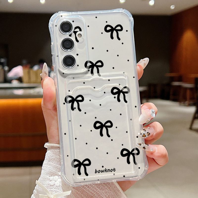 Zwarte strik transparante kaarthouder portemonnee hoesje voor Samsung Galaxy A57 A37 A17 A56 A16 A26 A55 A15 5G S25 FE S26 S25 S23 Ultra telefoonhoesje
