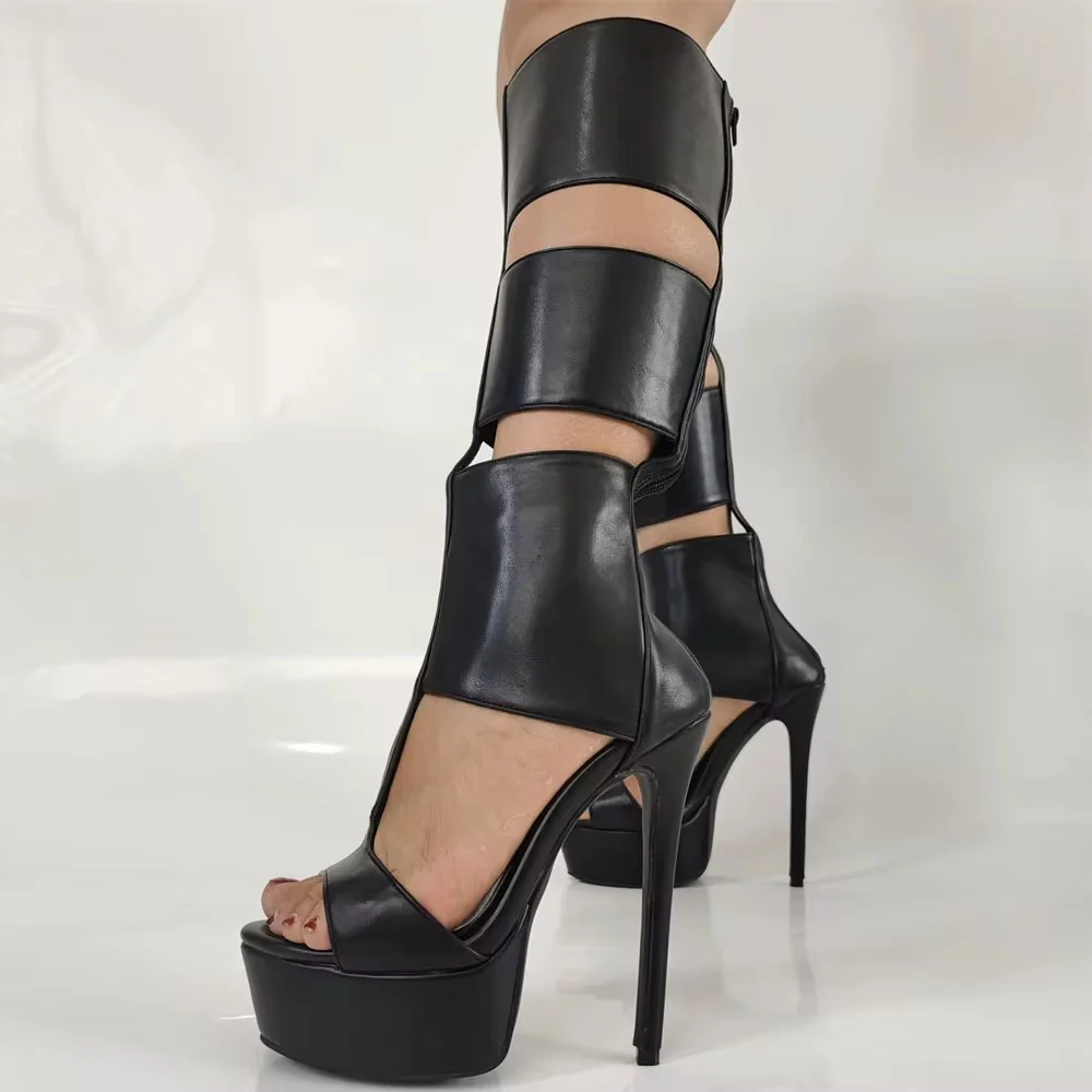 Sandálias femininas pretas sexy até o joelho, pernas vazadas, zíper traseiro, plataforma peep toe, salto fino, roupa de verão, tamanho grande