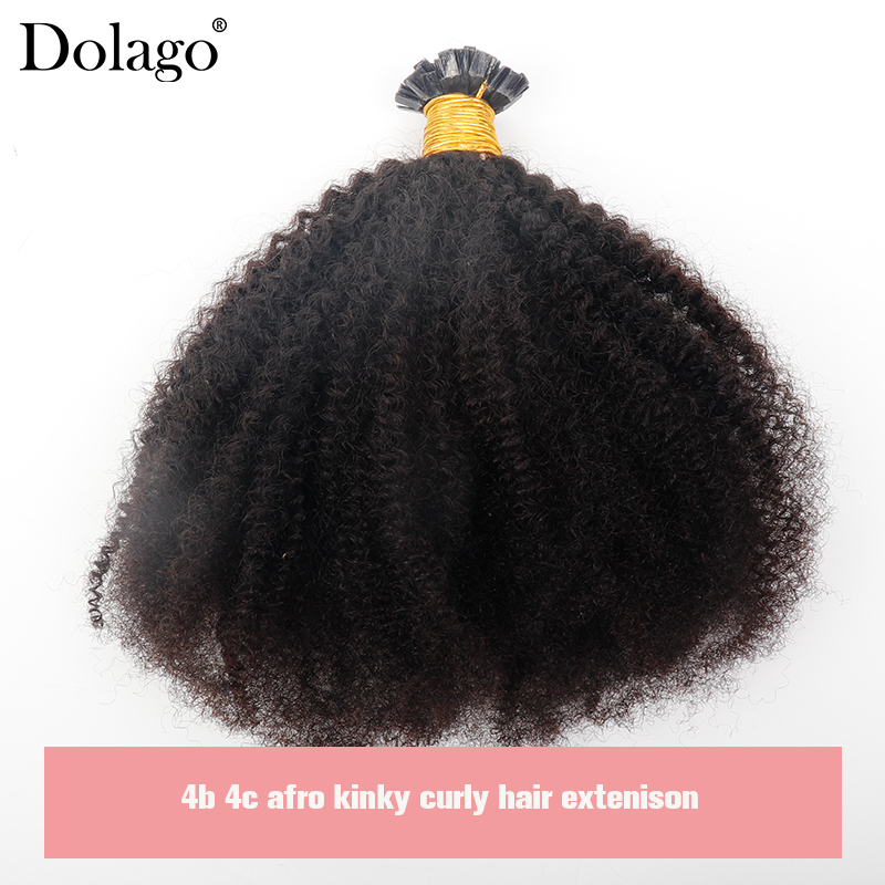 Fusion Hair-extensiones de cabello humano rizado para mujer, extensiones de pelo con queratina plana y Punta K, Afro, natural, negro, Dolago, 4B, 4C