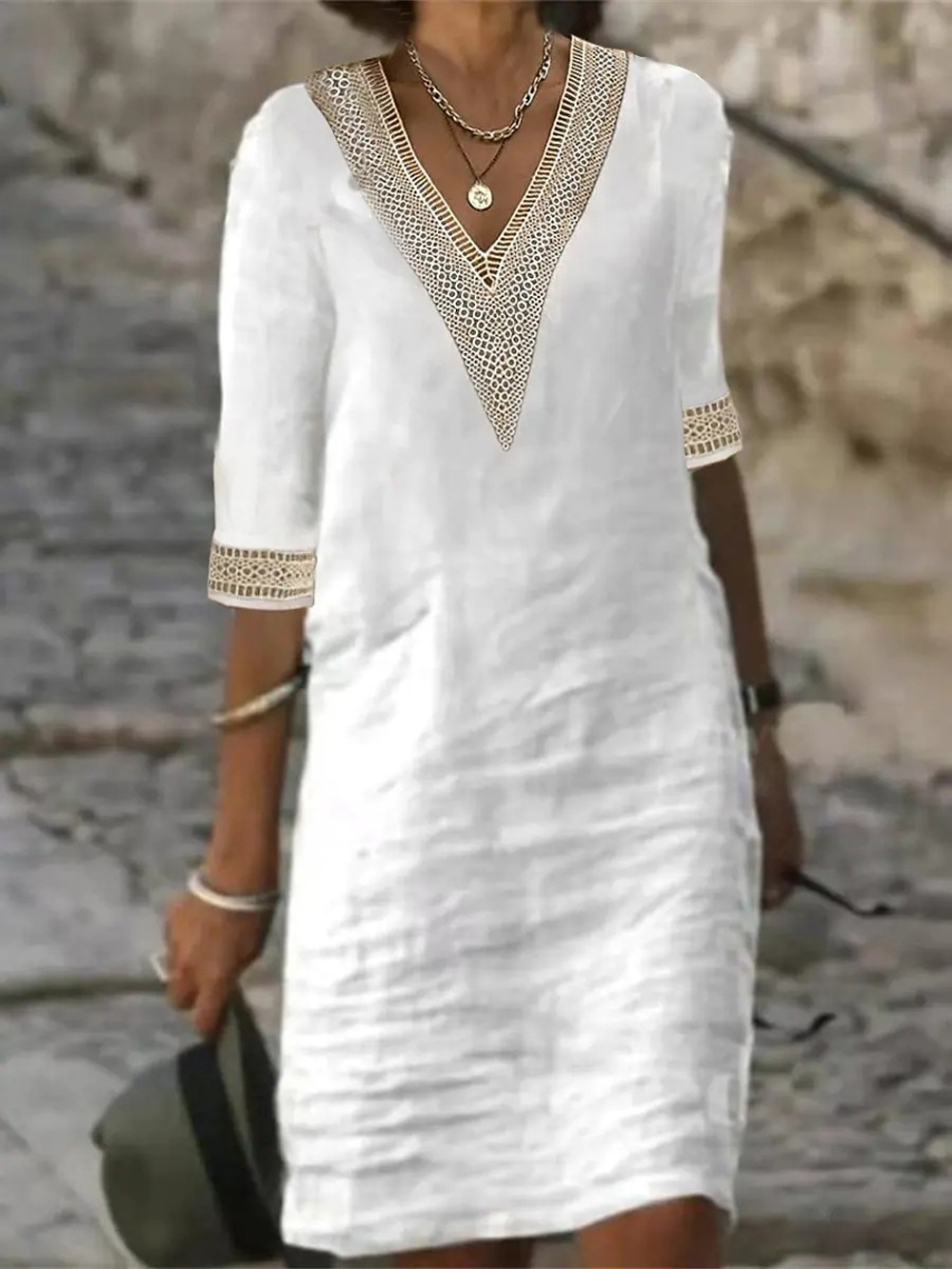 Neues Einfarbiges V-Ausschnitt Midikleid mit Ärmeln, Elegantes Kleid