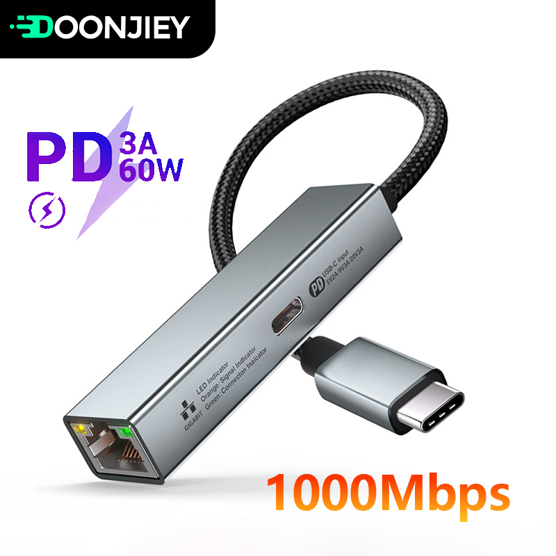 2 in 1 USB Type C naar RJ45 USB-C Converter HUB PD 60 W Snel opladen Type-C Netwerkkaart Lan Gigabit Adapter Kabel Voor PC Notebook
