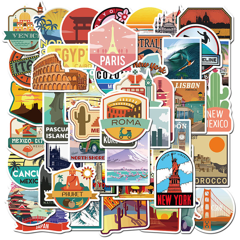 Global Travel City Paisagem Adesivos, Decalque Telefone DIY, Laptop, Guitarra Papelaria, Scrapbook, Brinquedo Skate, Novo, 50pcs