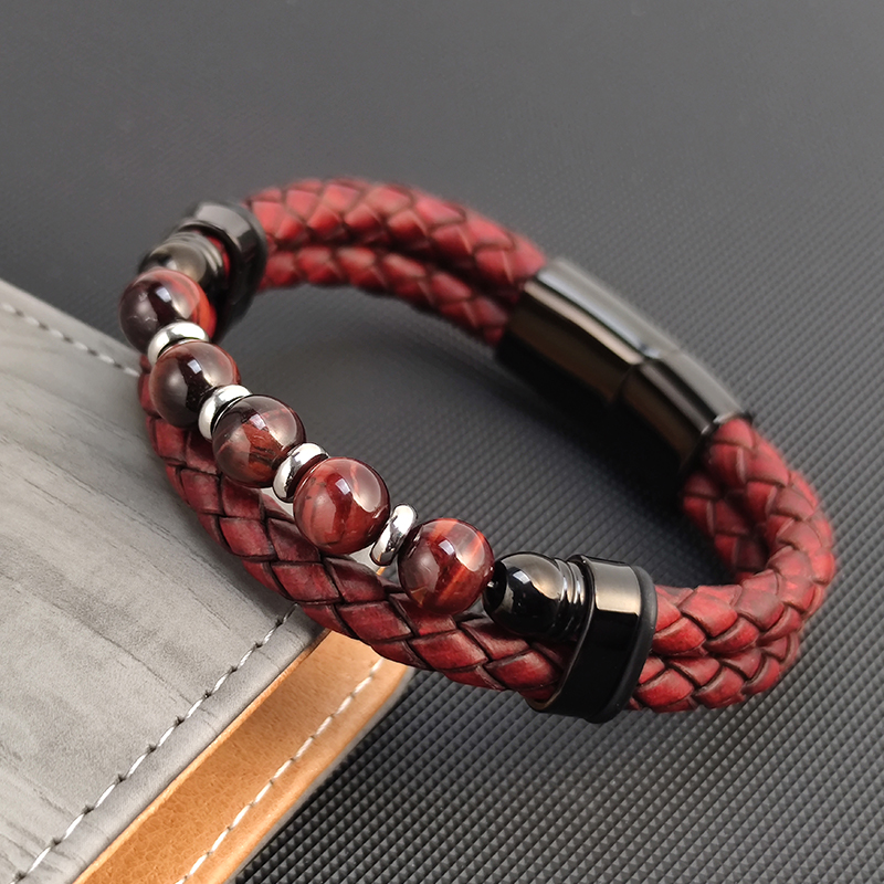 Hohe Qualität Multi Layer Geflochtenes Seil Leder Armband Edelstahl Männer Armreifen für Rot Naturstein Charme Frauen Schmuck