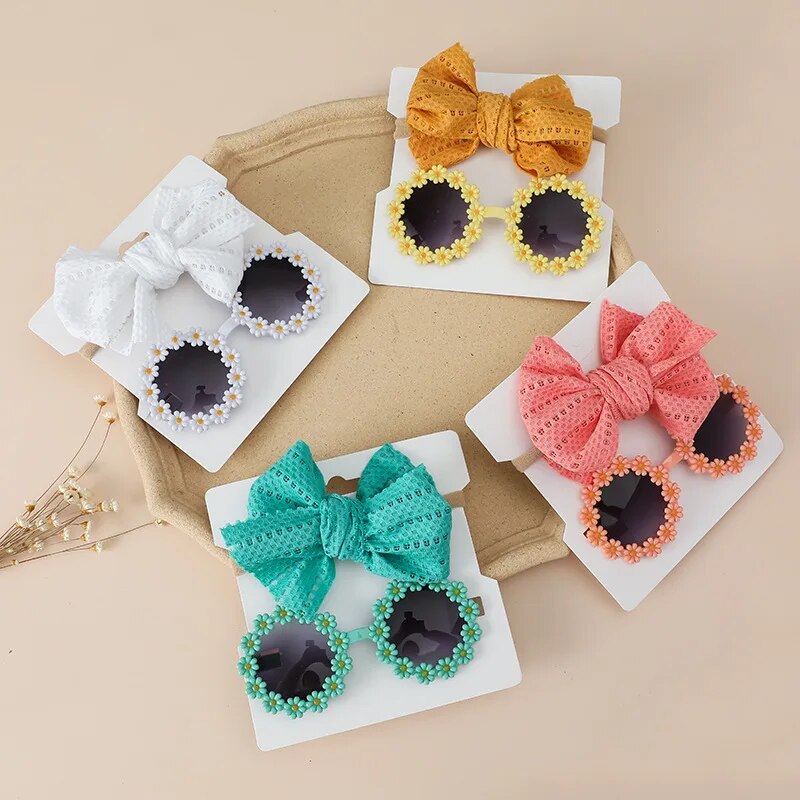 2 pçs crianças óculos de sol bandana conjunto margarida flor redonda criança óculos de sol meninas proteção solar