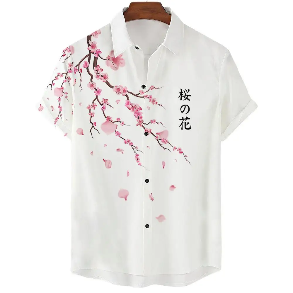 Camisa Social de lujo a la moda para hombre, camisa con botones y solapa, Tops informales de manga corta con estampado de flor de cerezo estética japonesa