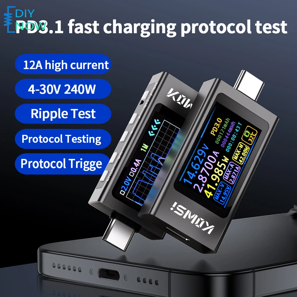 Medidor de Potencia USB Tipo C, Probador de Voltaje y Corriente con Pantalla IPS HD, Medidor de Carga Rápida para Dispositivos Móviles