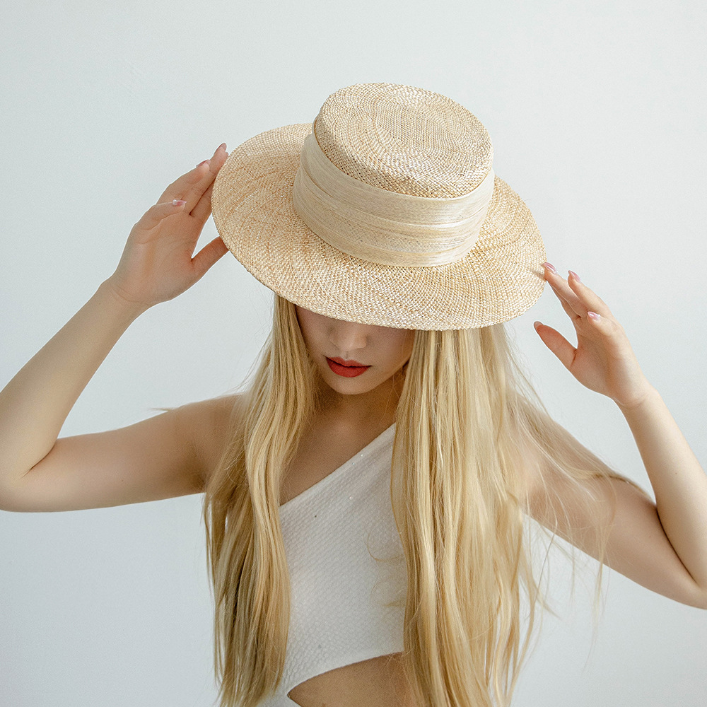 USPOP primavera estate cappelli da sole di paglia nuovo elegante lino di seta a tesa larga Toquilla cappello piatto di paglia protezione solare cappello di paglia naturale