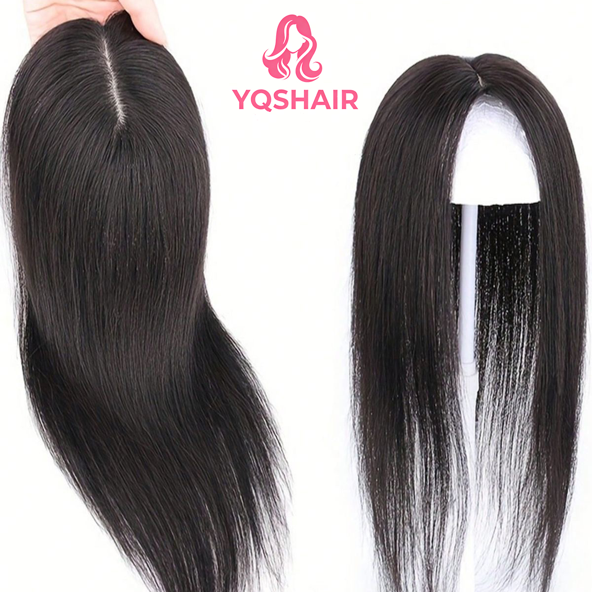 Extensiones de Cabello Humano Virgen Liso con Base de Seda Hecha a Mano, con Flequillo y Base Superior de Aspecto Natural, para Mujer, Tamaños 9x13cm, con Clips