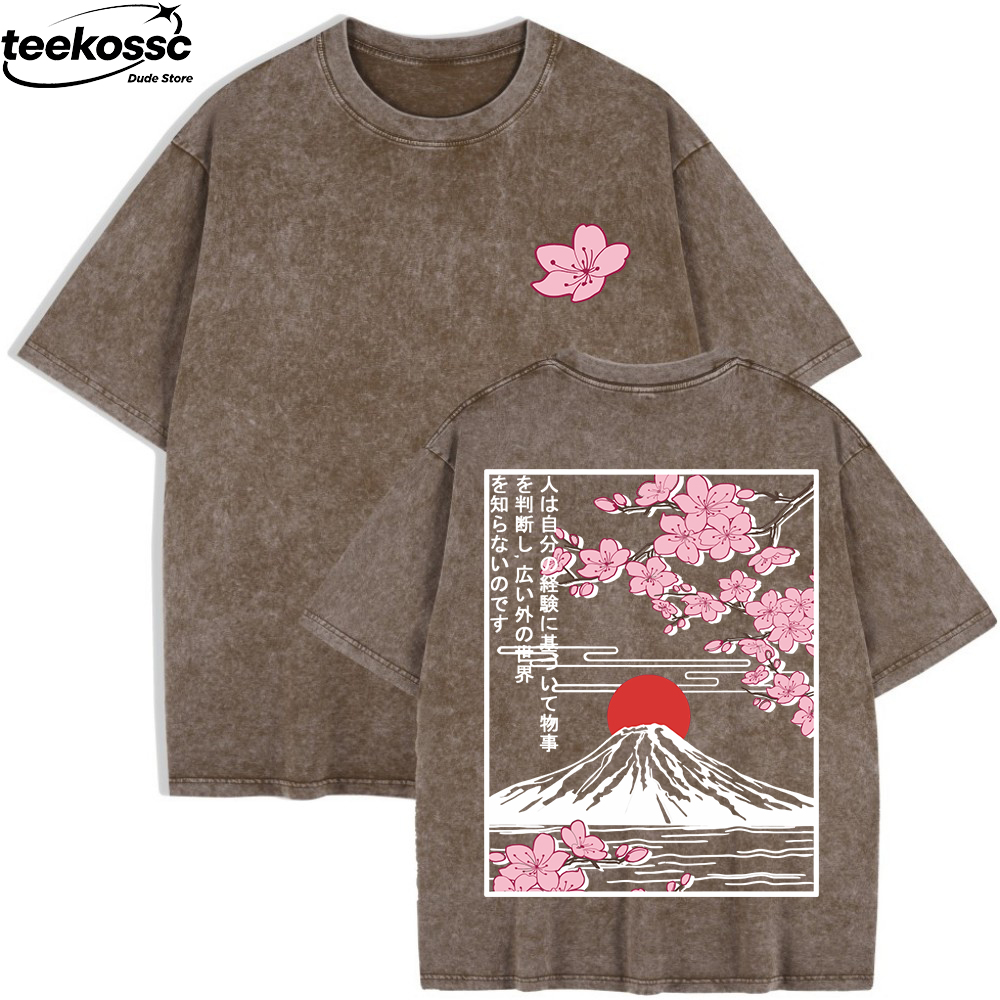 Kaos Wanita Motif Bunga Sakura Gunung Fuji, Bahan Katun, Lengan Pendek, Kerah O, Ukuran Besar, Pakaian Dasar Musim Panas