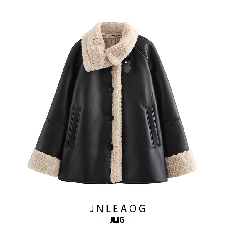 JNLEAOG レディース リバーシブル レザー風ジャケット 秋の新作 防風 おしゃれ 長袖 ポリエステル繊維コート