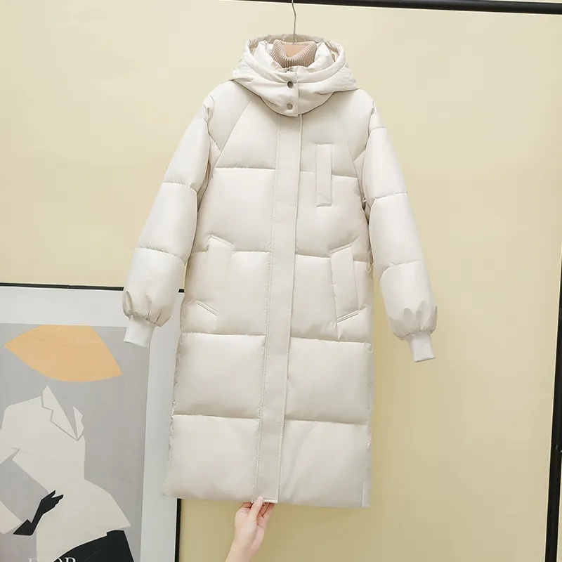 ロングパーカー女性のジャケット 2024 冬のファッションスリムフィットダウン綿フード付き厚く暖かいパーカーフグコート防風オーバーコートアウター
