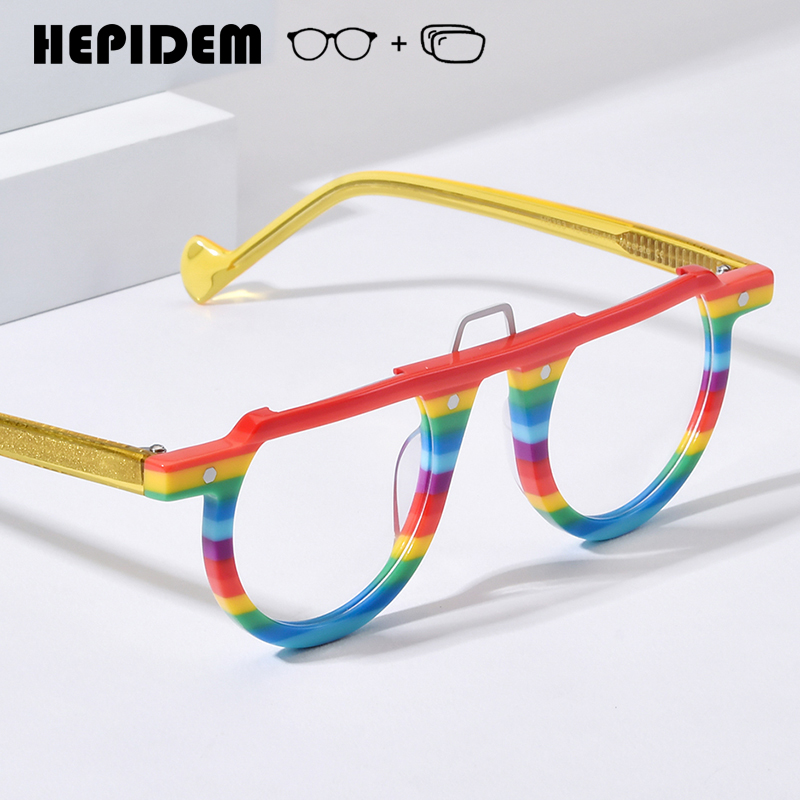 HEPIDEM แว่นสายตาแบบโปรเกรสซีฟป้องกันสายตาสั้นสีฟ้าเลนส์แว่นตาผู้ชายผู้หญิงแว่นตาอะซิเตททรงกลมสีแดง