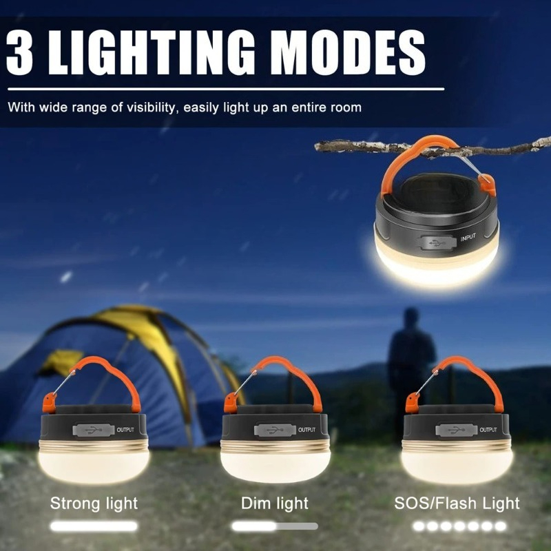 Lanterna de Camping de Alta Potência, Lâmpada para Tendas, 1200mAh, Recarregável via USB, Luzes Portáteis para Camping, Lâmpada Suspensa para Caminhadas Noturnas