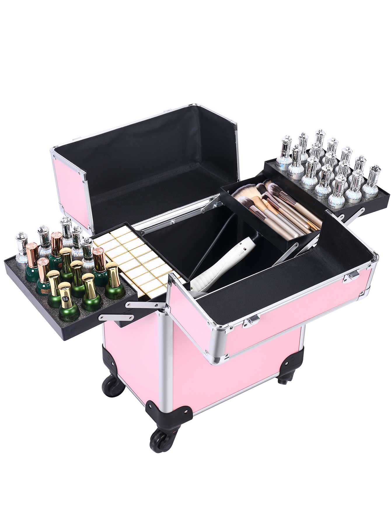 Make-up-Zugetui, professioneller rollender Make-up-Trolley mit verstellbaren Trennwänden, Nagellack-Organizer, Schmuck-Reise-Zugetui