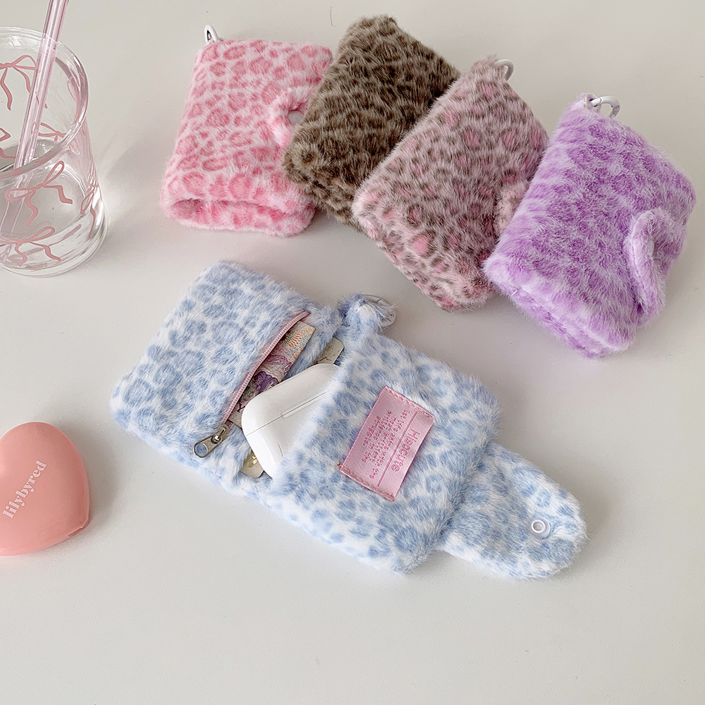 Girl Plush Leopard Pattern Card Bag Zipper Coin Purse High Beauty Bag Pendant Small Wallet Student Meal Card Holder Id Holder