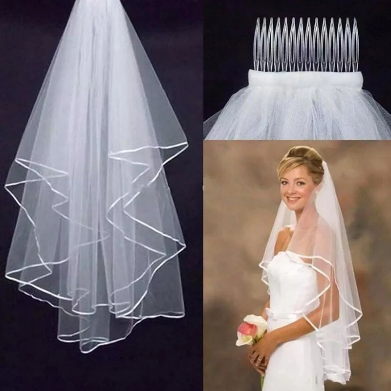 Véus de casamento de tule macio com borda de fita simples com pente acessórios de casamento 2024